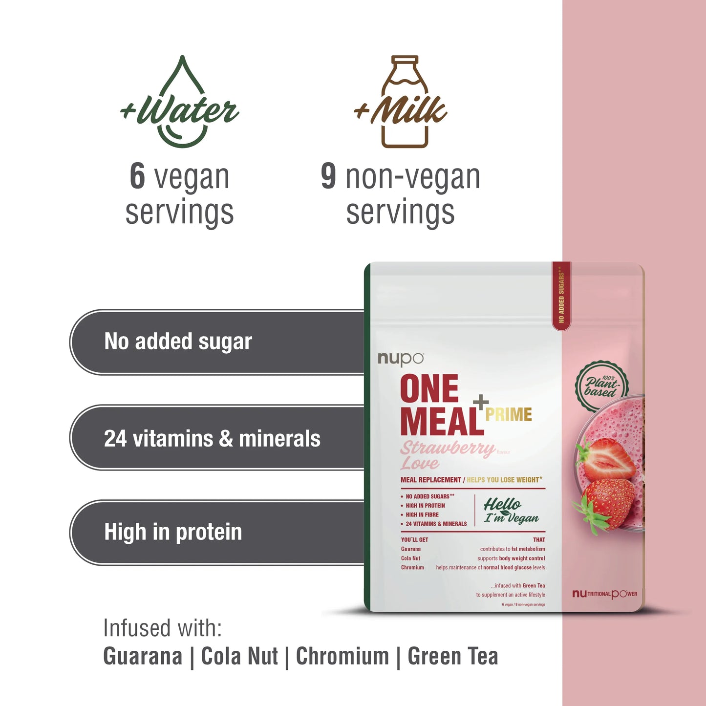 NUPO One Meal +Prime Vegan, 6/9 porcií Jahoda, bez laktózy